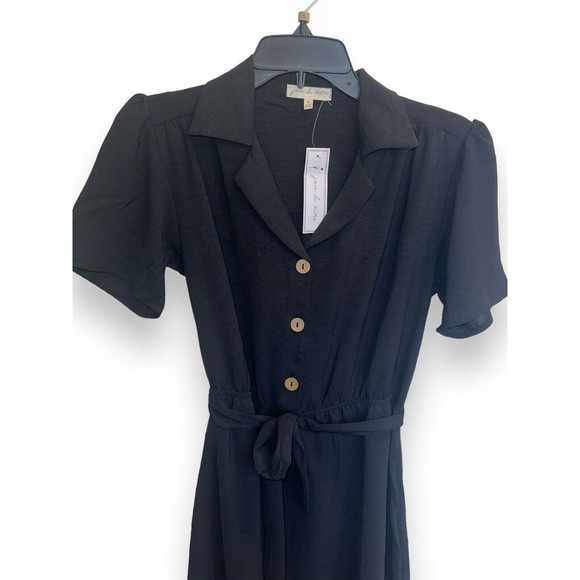 Womens Short Sleeve Button Dress Small Belted Black Pinup Goth Dark Academia - Picture 11 of 16